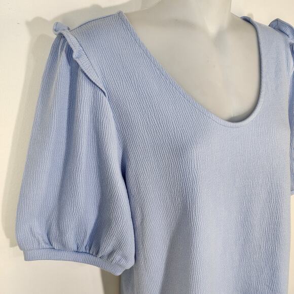 Talbots Tee Womens Small Ruffle Shoulder Voop Neck Elbow Sleeves Blue Textured - Picture 3 of 7